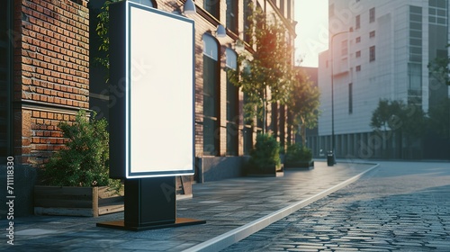 Side view of a white pylon stand with a brick building, an empty advertising tower for commercial information. Template for advertising with a clear rectangular monitor or light box