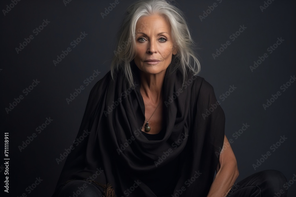 Portrait of a beautiful senior woman with grey hair and a black shawl