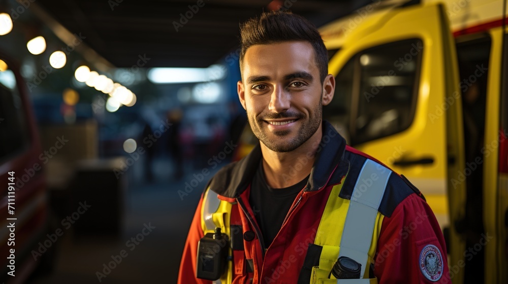 portrait of a smiling young male paramedic in uniform standing in front of an ambulance portrait of a smiling young male paramedic in uniform standing in front of an ambulance