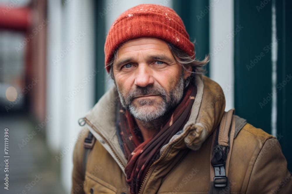 Portrait of a bearded man in a warm coat and hat. Portrait of a bearded man in a warm coat and hat.