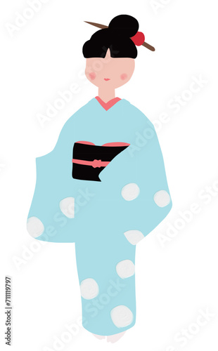 水玉の着物女性　全身　表情無し　お団子ヘア