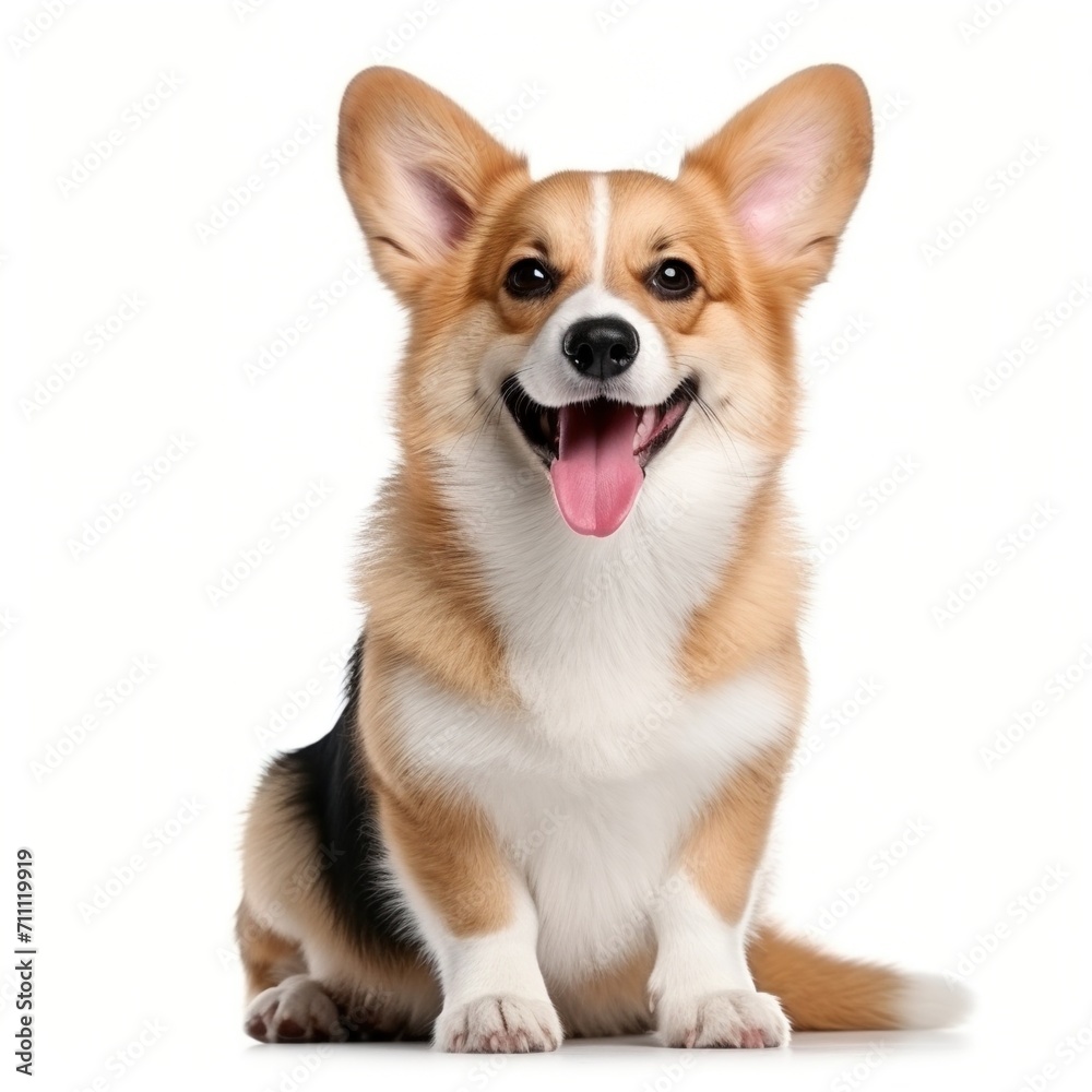 A happy corgi dog sitting in front of a white background