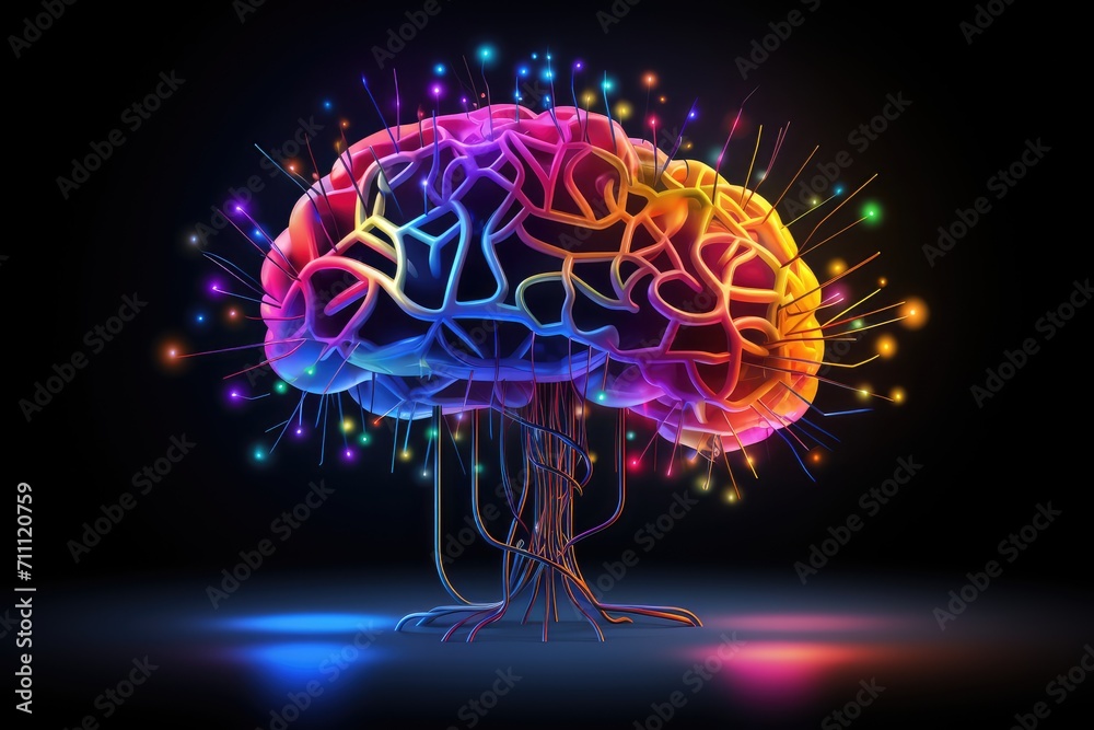 Colorful glowing vivid axon hillock, myelin sheath. Node of Ranvier and propagation of action potentials. Axon terminal collateral mechanism of axonal transport, saltatory conduction anterograde brain