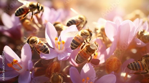 Closeup of a busy hive with bees working together to pollinate flowers. photo