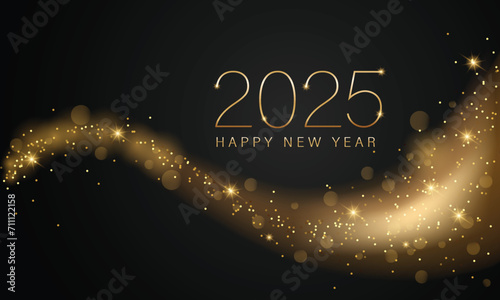 2025 New year with Abstract shiny color gold wave design element and glitter effect on dark background. For Calendar, poster design photo