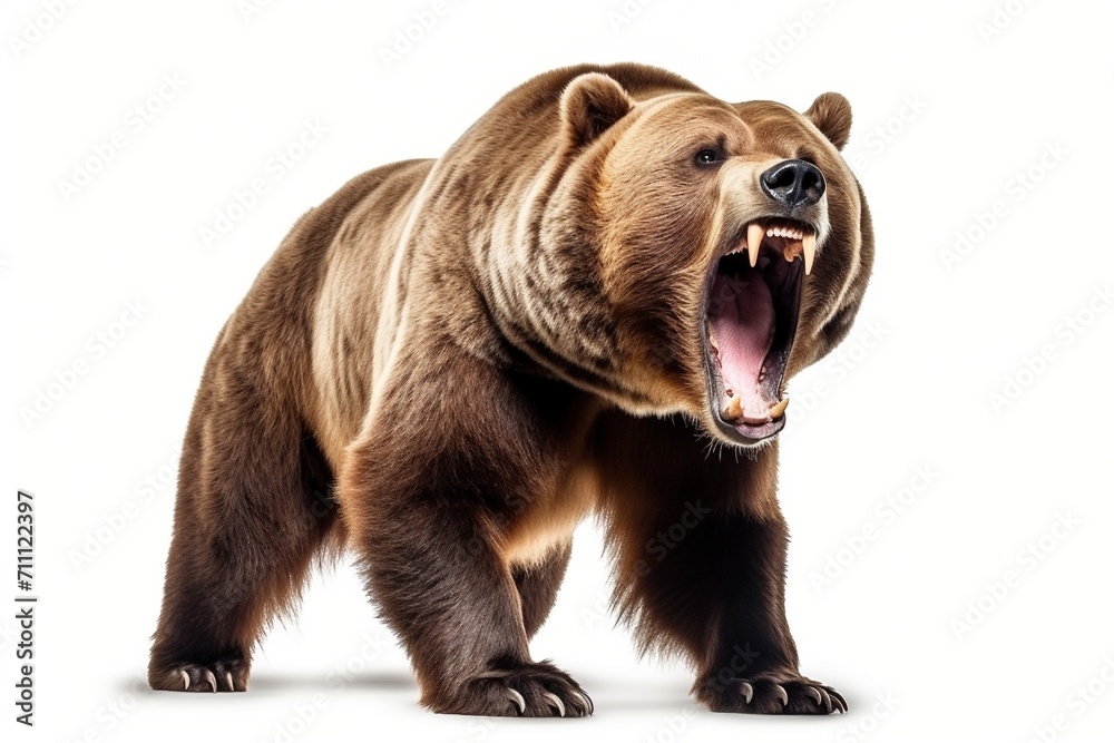 Fototapeta premium A large brown bear standing on all fours with its mouth wide open and teeth bared