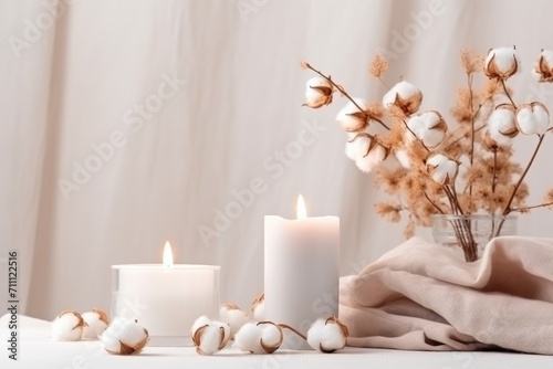 Candles and cotton on fabric