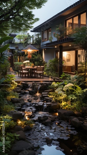 Modern Asian Courtyard House with Water Feature