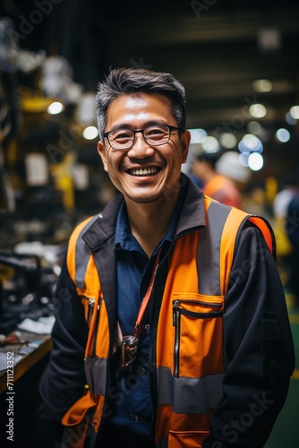Portrait of a smiling Asian man in a hard hat and safety vest