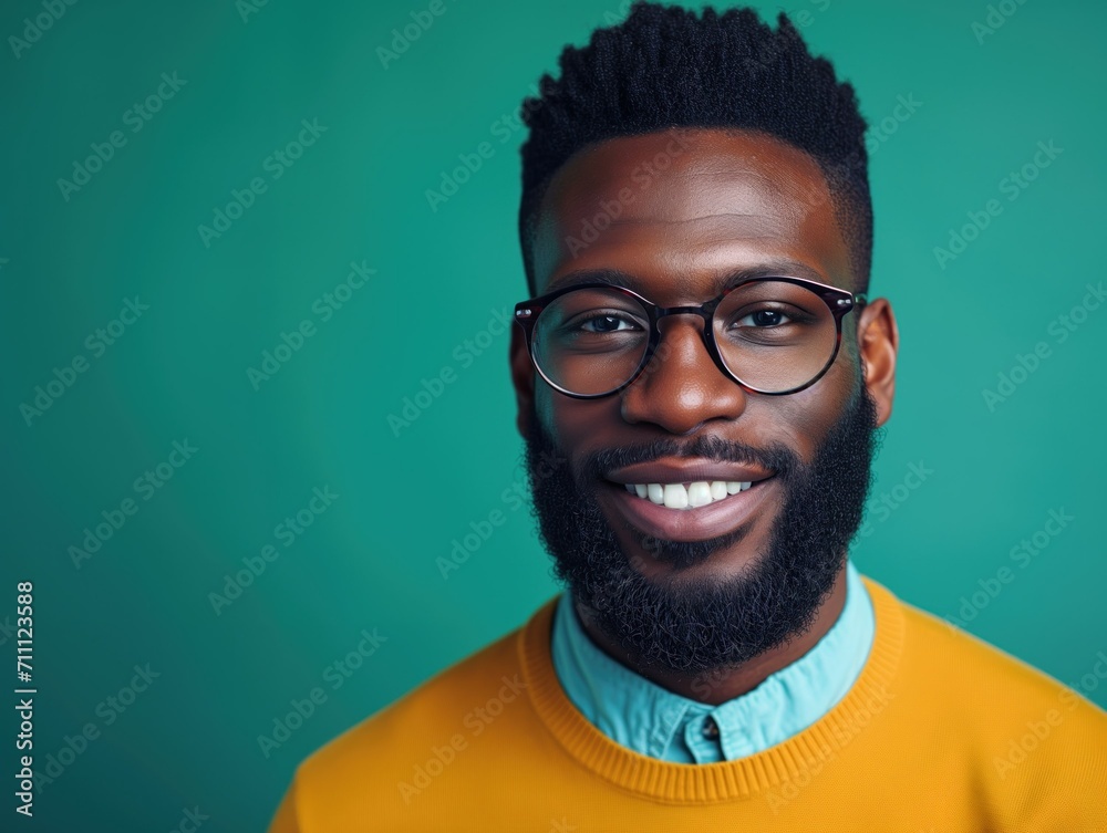 Trendy Black Bearded Man with Eyeglasses Smiling. Generative AI.