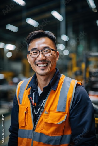 Portrait of a smiling Asian man wearing glasses and a reflective vest in a factory