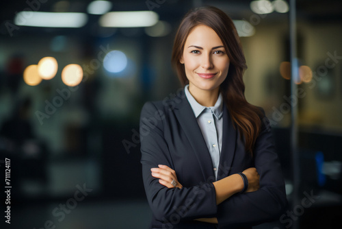 Business woman. Portrait of a caucasian, beautiful, young and happy woman in a suit standing in a modern office. Smiling female manager looking at the camera in a workplace