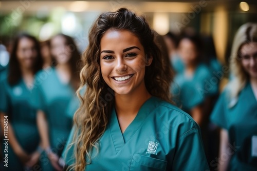 Confident young female medical professional in green scrubs photo