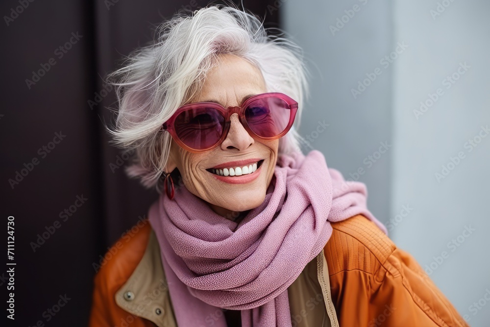 Portrait of a smiling senior woman wearing stylish sunglasses and pink scarf Portrait of a smiling senior woman wearing stylish sunglasses and pink scarf