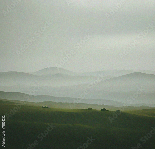 Landscape with fog. misty morning in the mountains. Minimalist background with empty copy space. Nature backdrop. Beautiful natural flyer, card design. Nature Template for presentation or product. 