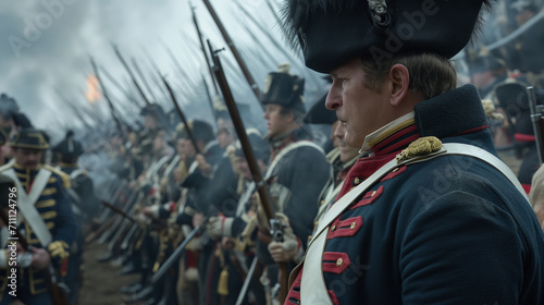 A re-enactment of a military scene from the 1700s, with men in blue uniforms standing in a row, wielding vintage rifles with bayonets, preparing for battle in dense and foggy conditions