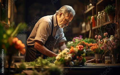 Photo of a nice old florist man while working in flower shop