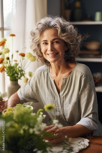 Portrait of a smiling middle-aged woman with gray hair and wrinkles