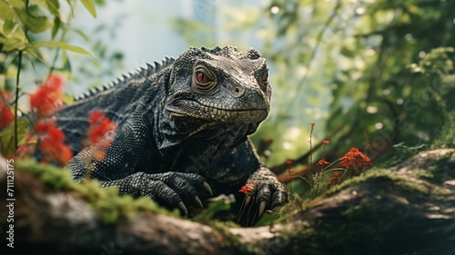 Graceful Marine Iguana Basking on Rocky Shoreline with Ocean Waves - AI-Generative