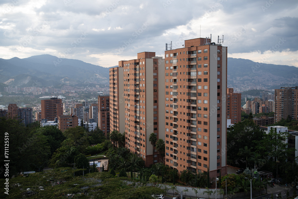 Panoramic view of Medellin, Laureles and El Poblado districts, Colombia, cloudy day