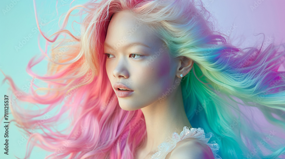 A woman with a natural face and pastel rainbow hair.