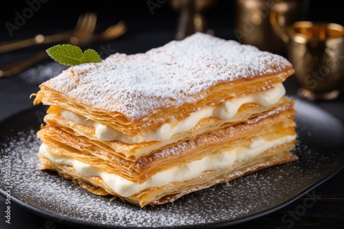 Golden mille-feuille with delicate cream and a dusting of powdered sugar, served on an elegant black plate.