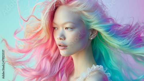 A woman with a natural face and pastel rainbow hair.