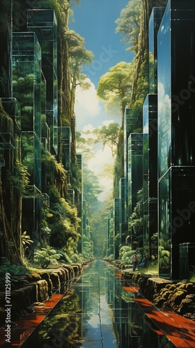 Futuristic city with glass buildings and lush greenery