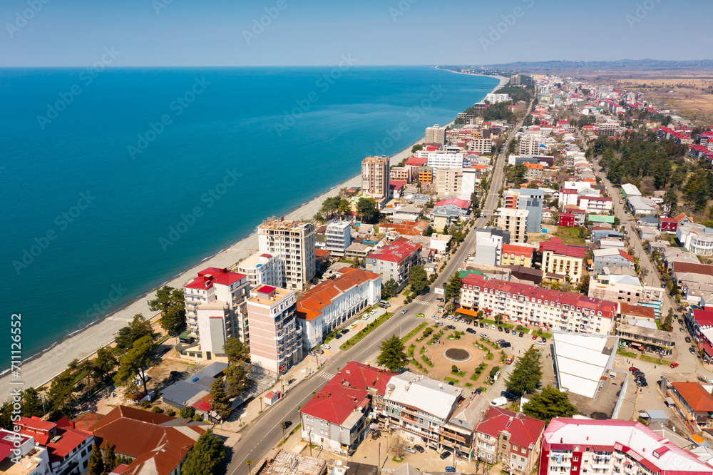 Aerial view of the city of Kobuleti on sunny spring day, Georgia