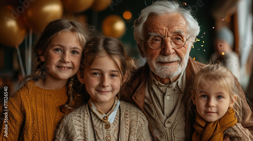 Grandchildren wish their grandfather a happy birthday. Family portrait. © Vasiliy