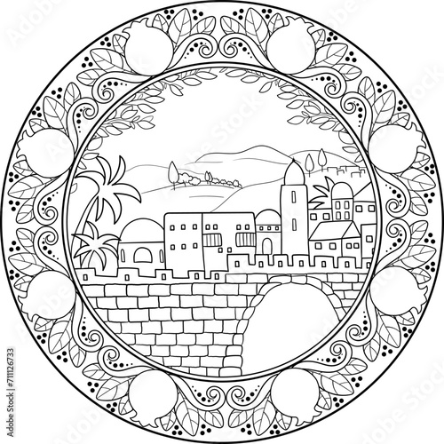 Ancient biblical city black outline vector illustration. Isolated..Use for coloring page, travel blogs,post cards, religious events, history illustrations,covers.