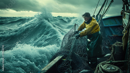 A male fisherman on a fishing boat during a storm. Focused bearded brutal male fisher