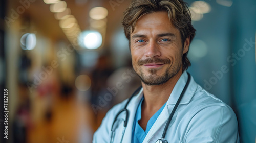 Healthcare, happy doctor and portrait of man in clinic for insurance, wellness and medical service. photo