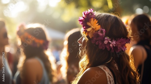 Closeup of a group of festivalgoers wearing flower crowns, a popular fashion trend often seen at outdoor music events. photo