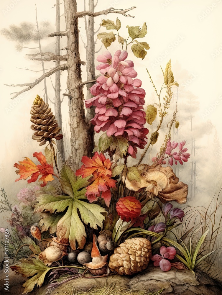 Fototapeta premium Artisanal Botanical Illustrations: Vintage Landscape with Woodland Wildlife Integration
