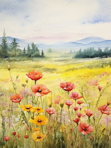 Artisanal Meadow Watercolors: Country Field Vintage Landscape Artistry