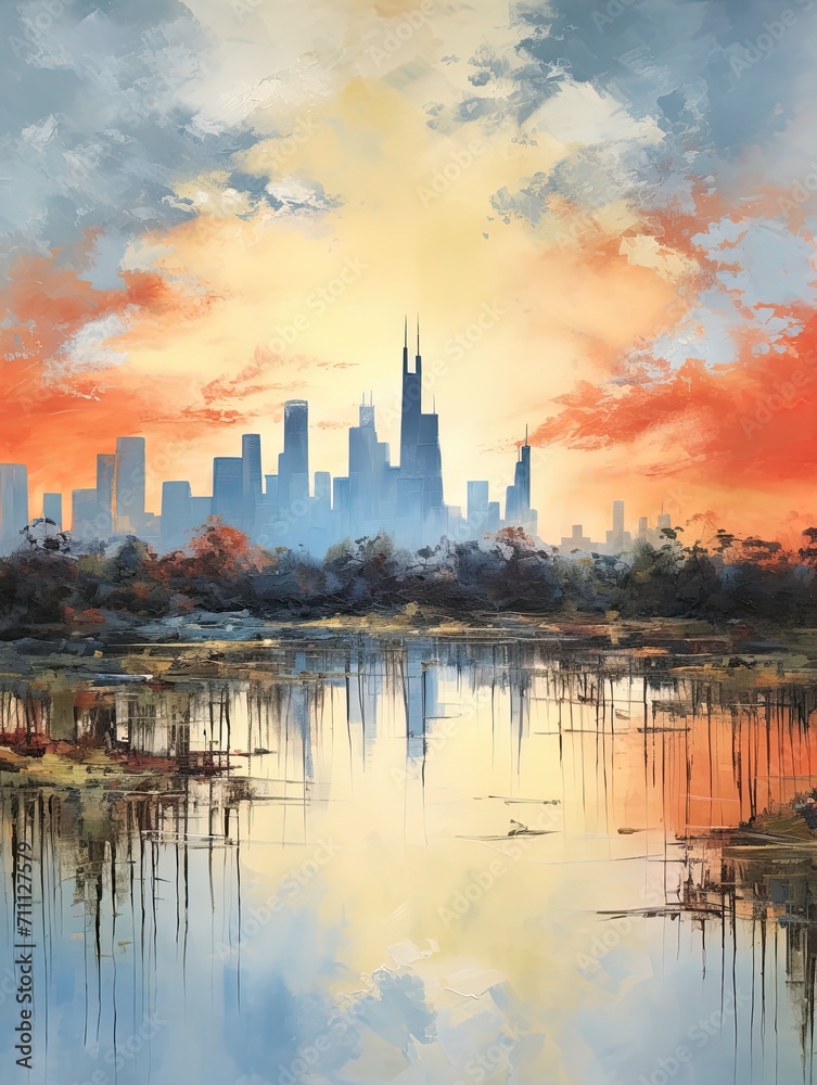 Artisanal Skyline Silhouettes: Tranquil Waters Field Painting