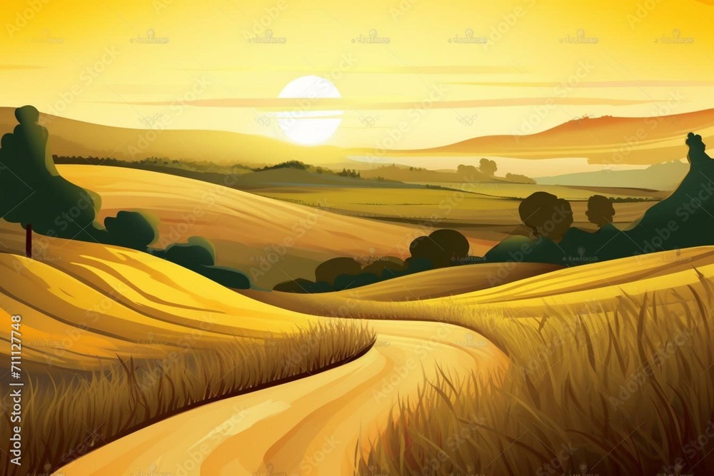 Digital artwork depicting a sunny landscape with hills, ideal for card illustrations and decorations. Generative AI