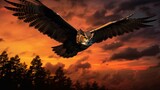 Great horned owl in mid-flight, silhouetted against a vibrant sunset.