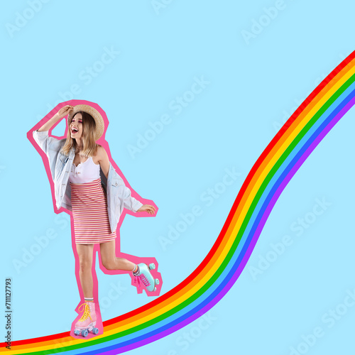 Pop art poster. Beautiful woman roller skating on rainbow against light blue background
