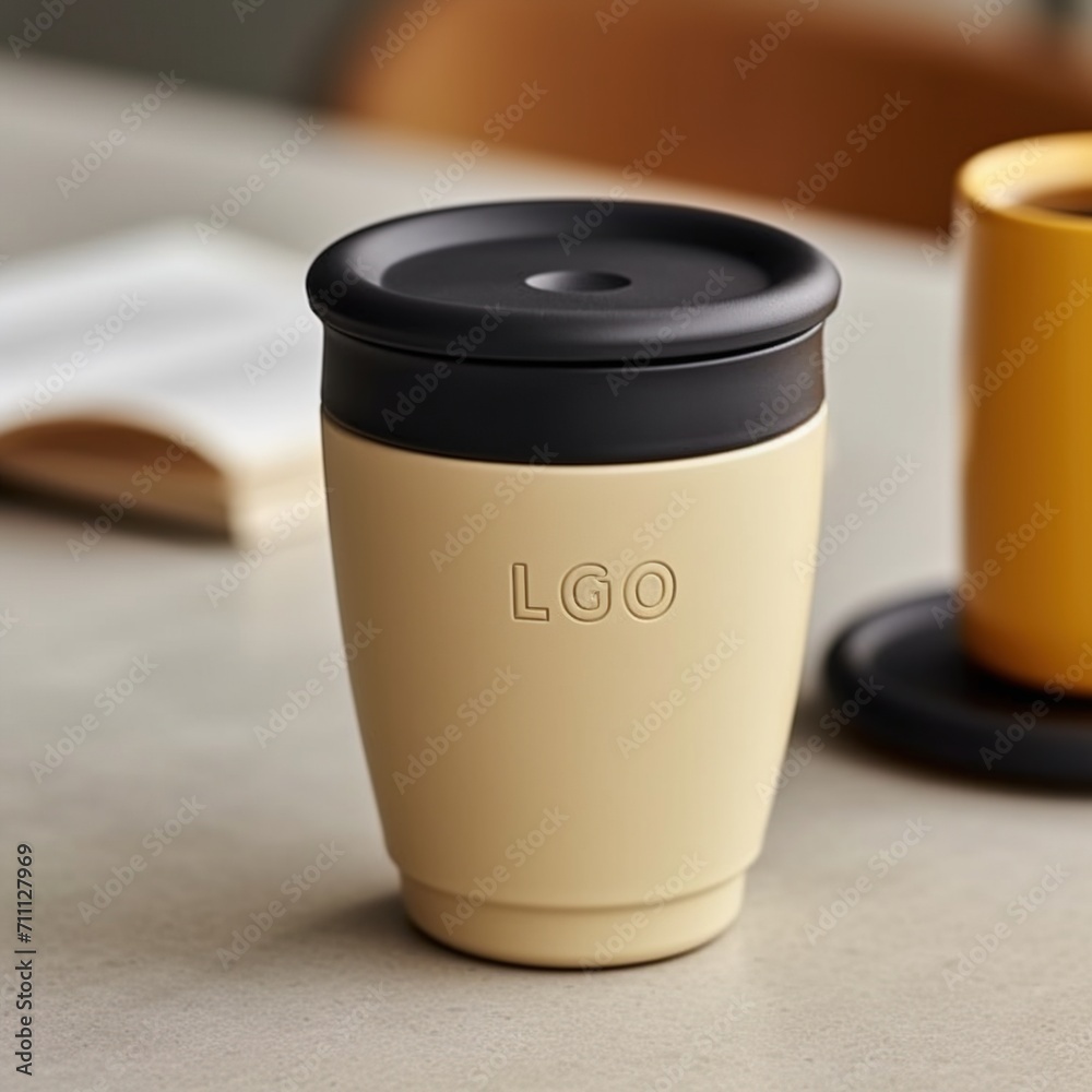 Black and beige ceramic coffee cup with a black lid on a table Black and beige ceramic coffee cup with a black lid on a table
