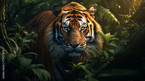 Majestic Tiger Blending Seamlessly into Lush Foliage in a Stunning Display of Natural Camouflage - AI-Generative