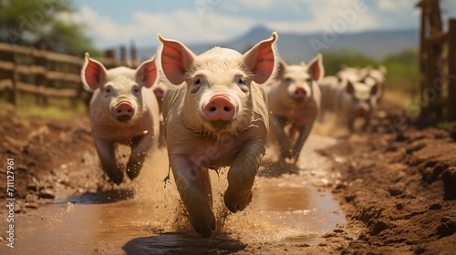 Pigs running in the mud