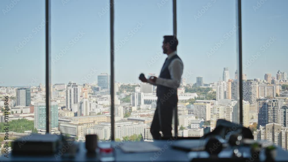 Man silhouette resting office looking panoramic window. Financial manager ceo Man silhouette resting office looking panoramic window. Financial manager ceo