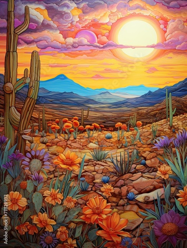 Boho Desert Sunset Paintings: Desert Blooms under Bohemian Sunsets Canvas