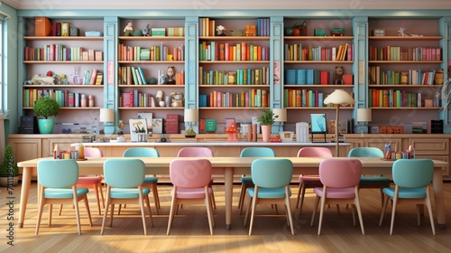 A classroom with colorful bookshelves and a long table
