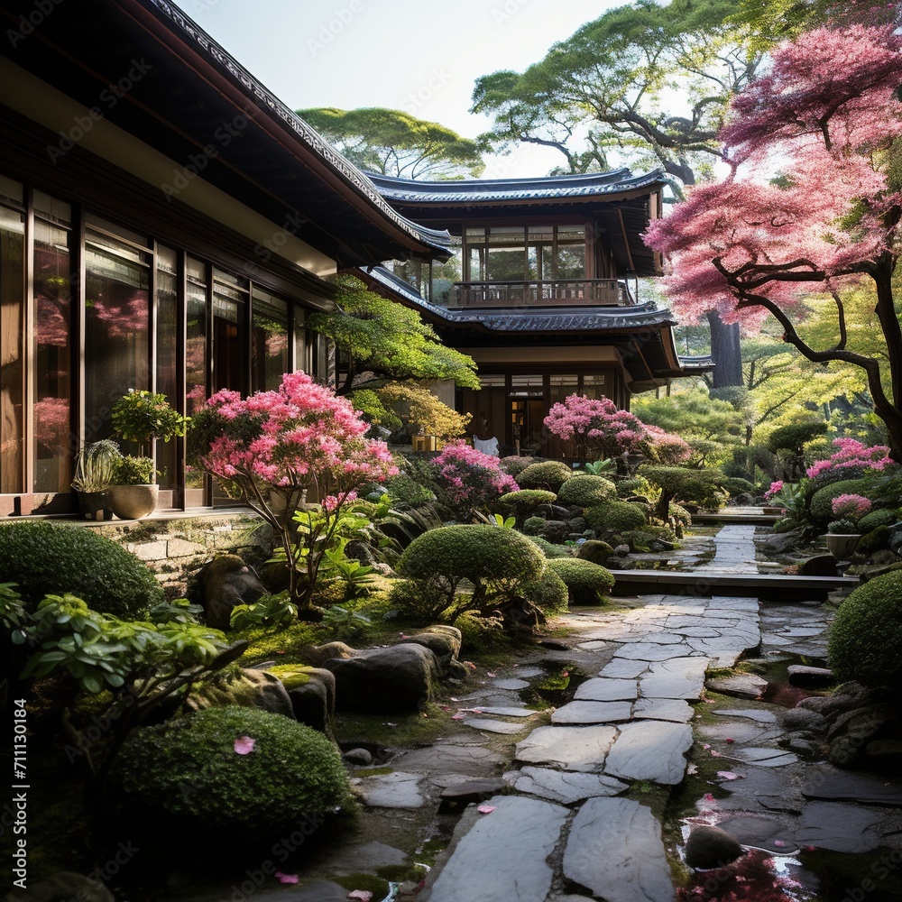 Traditional Japanese Garden with Blossoming Trees and Stone Path