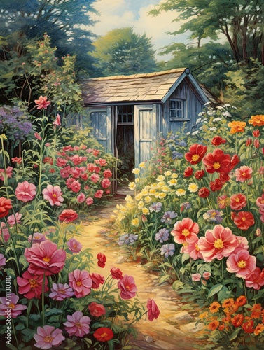 Classic Cottage Garden Art: Vintage Print - Serenity in Full Bloom