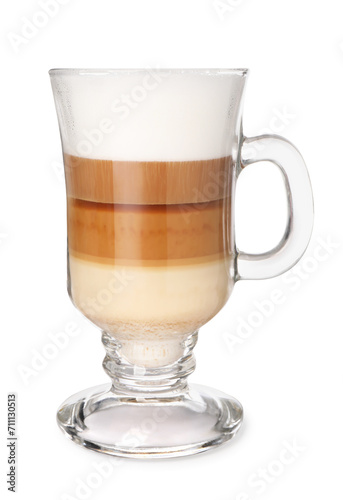 Aromatic latte macchiato in glass cup isolated on white