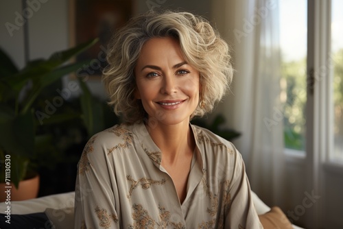 Portrait of a smiling middle-aged woman with short blonde hair